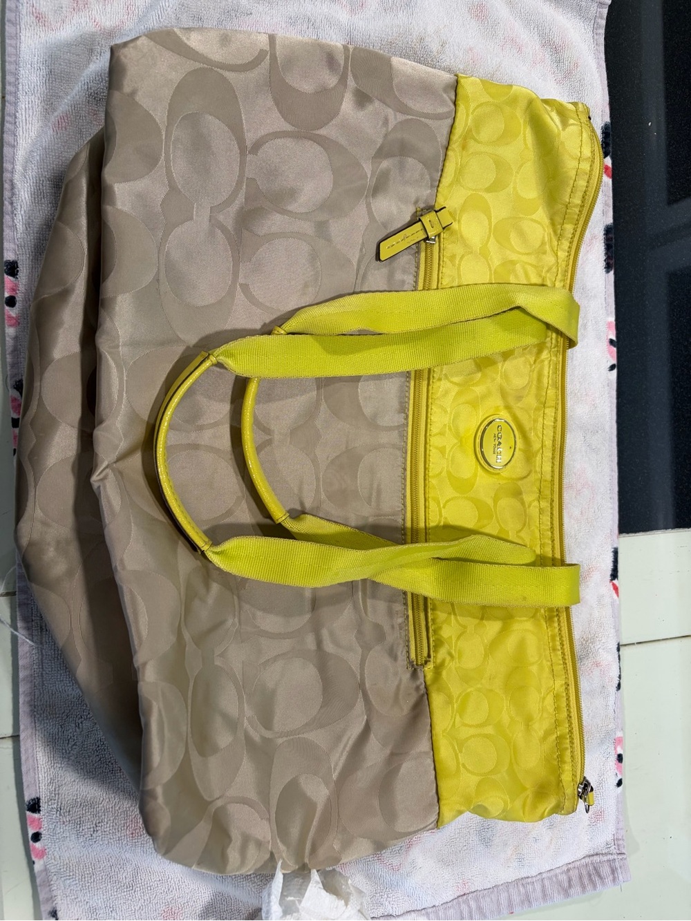 Coach Two-Tone Tote in Yellow and Beige Signature Canvas